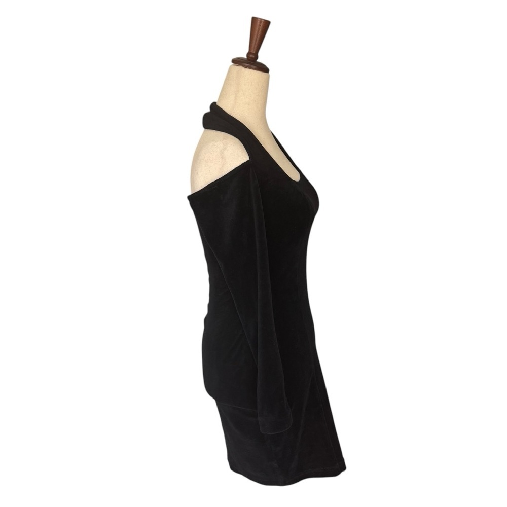 Vintage 90s YES Black Velvet Velour Bodycon Cutout Halter Mini Dress Club Goth - Picture 5 of 9